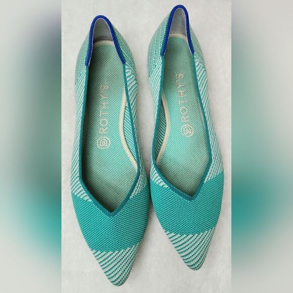 Rothy's The Point Calypso Green Teal Striped Flats Slip On Womens size 9.5 green - Picture 1 of 10